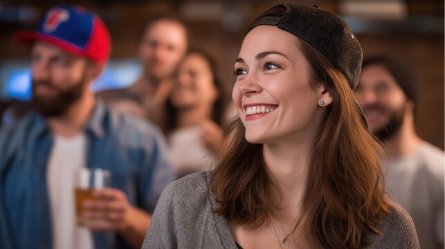 Vibrant portrait of cheerful woman smiling among friends in outdoor social gathering capturing happiness friendship positive energy and lively lifestyle