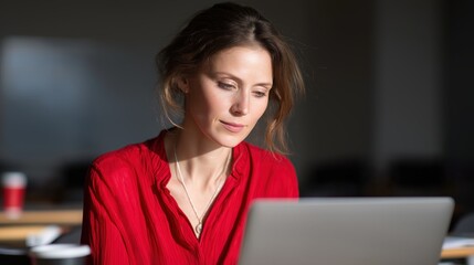 Professional woman working on laptop in modern office environment focused female entrepreneur using digital device for remote work communication and productivity