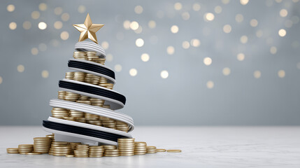 Creative holiday tree made of stacked coins with a golden star on top, symbolizing financial growth and prosperity during festive season celebrations