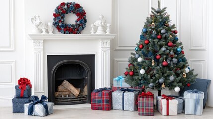 Cozy and Festive Christmas Living Room with Tree, Gifts, and Decorative Wreath