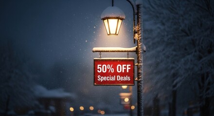 Illuminated sign announces 50 off special deals in a snowy winter scene