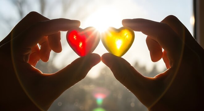 Silhouette of two hands holding a red and a yellow translucent heart up to the bright sunlight.
