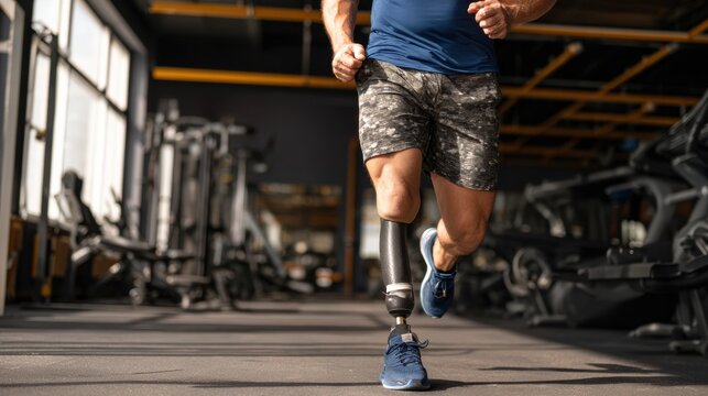 Individual Running in a Gym With a Prosthetic Leg, Showcasing Determination and Fitness Achievements