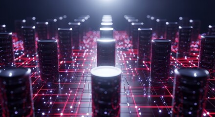 Abstract Digital Cityscape with Glowing Data Connections and Futuristic Architecture.