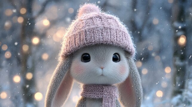 Cute fluffy bunny wearing a pink knit hat sitting in fresh snow adorable winter animal portrait with soft dreamy lighting cozy cold weather scene cute rabbit photography for holiday greeting cards