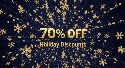Golden snowflakes falling with 70 off holiday discounts on dark blue background