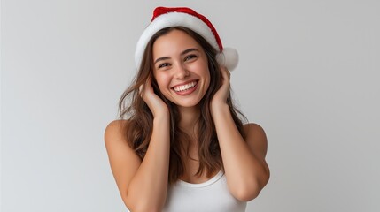 Joyful young woman smiling in festive Santa hat holiday celebration portrait with cheerful expression seasonal fashion winter accessories and natural light