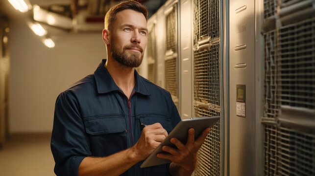 Professional Technician Checking Data in Server Room with Digital Tablet During Maintenance Process