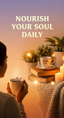 Woman enjoying a cup of tea in a cozy setting, nourish your soul daily