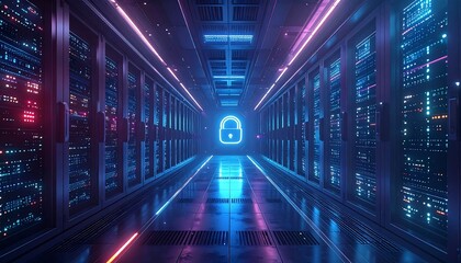 A server room hallway with a padlock in the distance, illuminated by neon lighting