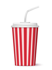 Realistic disposable soda cup with red and white vertical stripes, plastic lid, and straw. Fast food beverage container isolated on white background, cinema, takeaway drinks, or refreshment concepts.