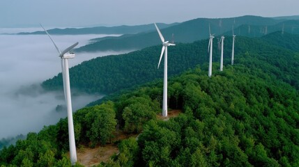 Aerial View of Wind Turbines Surrounded by Lush Green Forest and Rolling Hills in a Misty Landscape