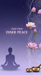 Find your inner peace with lotus flower and singing bowl on purple background