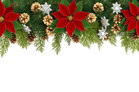 Elegant Christmas festive border with poinsettias, golden pinecones, snowflakes, and evergreen branches. Perfect winter holiday decor background for celebration, cozy aesthetic. - Powered by Adobe