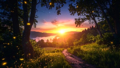 Fototapeta premium A sun sets over a grassy, floral path, with silhouetted trees framing a distant lake and forested hills