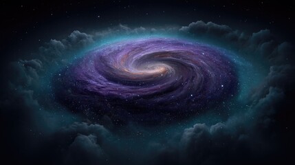 Stunning Spiral Galaxy Surrounded by Ethereal Clouds and Stars in a Cosmic Universe Scene