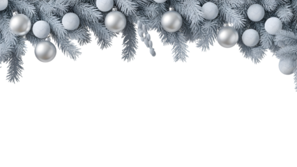 Elegant Christmas border with white frosted pine branches, silver and textured white ornaments, festive holiday decor, winter celebration, cozy aesthetic, perfect for seasonal background.
