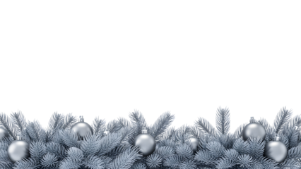 Elegant Christmas holiday background with silver pine branches, festive ornaments, winter decor, cozy celebration aesthetic, New Year party frame, seasonal design.