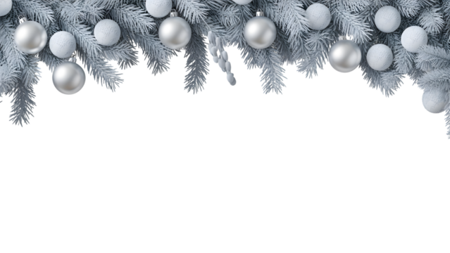 Elegant Christmas border with white frosted pine branches, silver and textured white ornaments, festive holiday decor, winter celebration, cozy aesthetic, perfect for seasonal background.