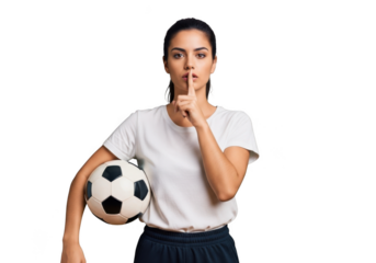 Beautiful woman holding soccer ball making shushing gesture silence concept stock photo image isolated on transparent background