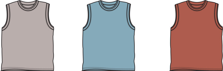 Set of three colorful men's tank top templates. Vector illustration of sleeveless shirt fashion flat sketch for apparel design mockup