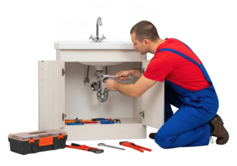 Skilled plumber expertly repairs sink plumbing with tools nearby and focused work transparent background