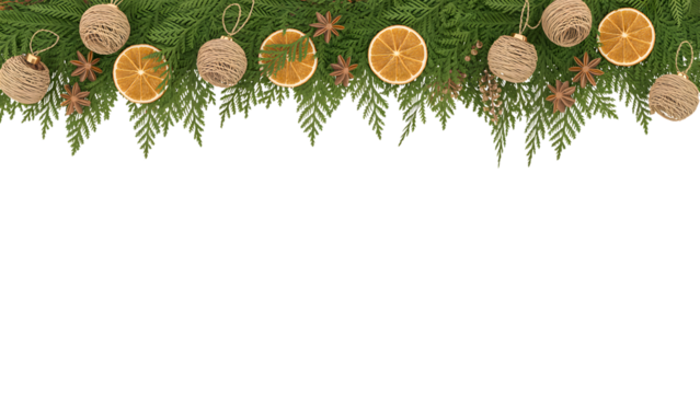 Christmas holiday garland border with natural decor, pine, cedar, dried orange slices, star anise, and cozy elegant ornaments. Festive winter aesthetic background for celebration, design, or season
