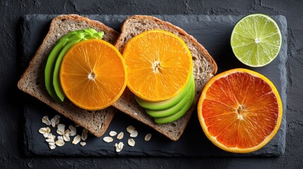 Slices of Orange and Lime on Whole Grain Bread with Green Apple and Oats on Dark Slate Background