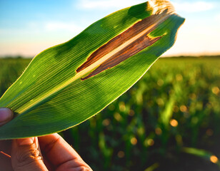 Hand Inspecting Corn Leaf with Disease Lesion in Field Sunset