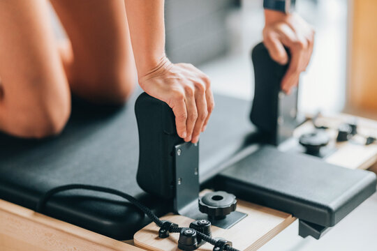 Close-Up of Pilates Reformer Machine Used in a Fitness Studio