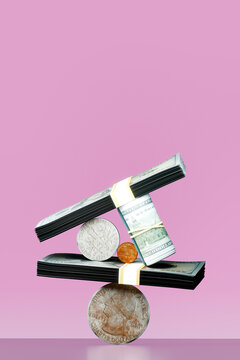 Stack of Cash and Coins Balancing. Budgeting, financial system concept