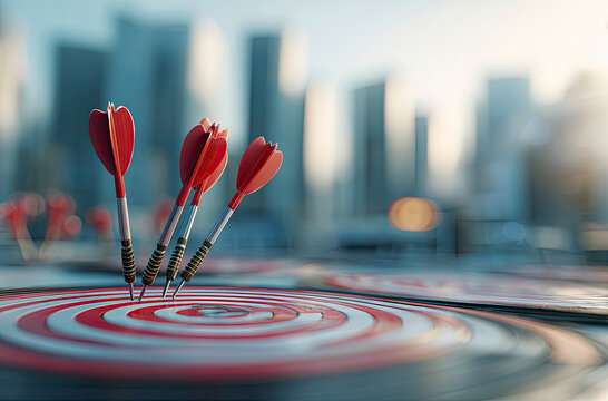 Red darts hitting bullseye target, city backdrop