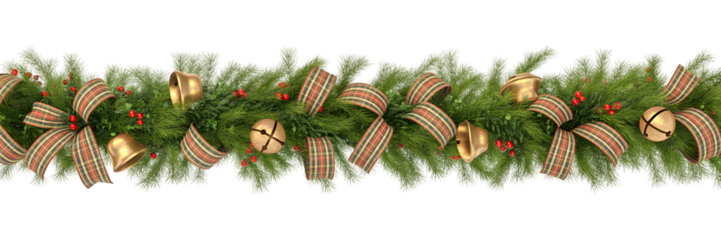 Festive Christmas garland border with elegant plaid ribbons, shimmering golden bells, and vibrant red berries, ideal for holiday decor, winter celebrations, cozy backgrounds, and aesthetic design.