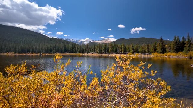 Scenic view of Echo Lake Park with colorful foliage at Mt Blue sky in Colorado during autumn time.