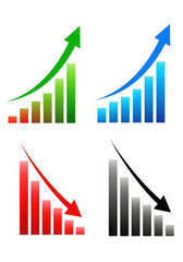 Four business growth and decline bar chart icons with arrows