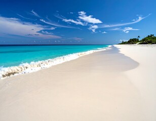 Scenic view of a white sandy beach with clear turquoise waters under a blue sky