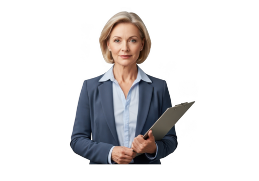 Mature businesswoman holding clipboard in professional attire, corporate portrait, executive, isolated on transparent background