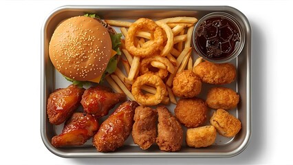 A top view of a fast food tray filled with a variety of items. Include one of each: a burger, fries, onion rings, a slice of pizza, a can of Coke, chicken wings, fried chicken, and chicken nuggets.