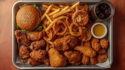 A top view of a fast food tray filled with a variety of items. Include one of each: a burger, fries, onion rings, a slice of pizza, a can of Coke, chicken wings, fried chicken, and chicken nuggets.