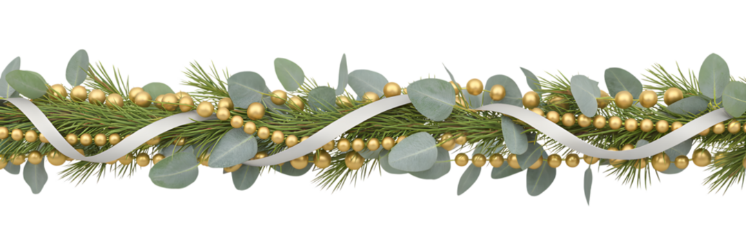 Elegant Christmas garland, green pine, eucalyptus leaves, golden beads, white ribbon, festive holiday decor, cozy winter celebration, aesthetic background, border design