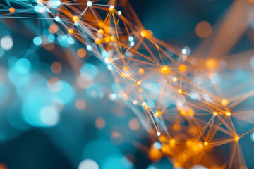 Abstract network structure with interconnected glowing nodes and lines representing data flow and digital connectivity on a blurred blue background