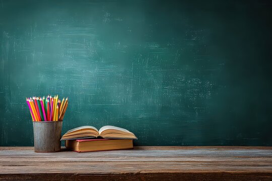 Stack Of Straws And Book On A Wooden Table Against A Green Background - Powered by Adobe