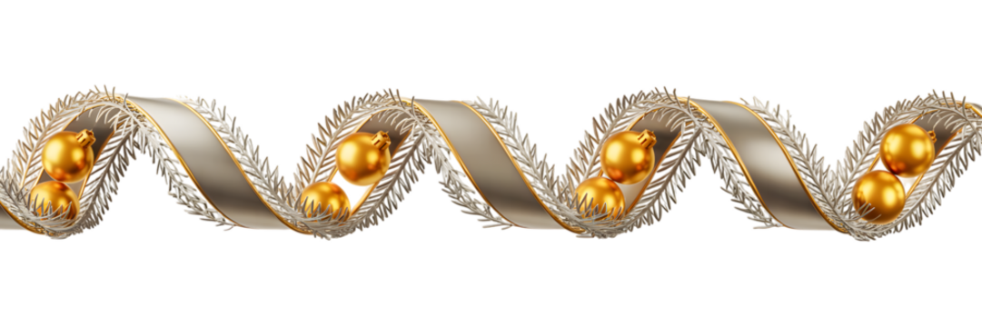 Elegant Christmas garland border featuring shimmering gold baubles, silver decorative leaves, and a luxurious wavy ribbon. Perfect festive holiday decor, winter celebration aesthetic background for - Powered by Adobe