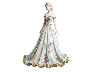 Elegant Porcelain Figurine of a Lady in Flowing Dress on Transparent Background