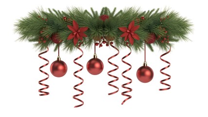 Festive Christmas garland with red ornaments and poinsettias holiday decoration for seasonal greetings isolated on white background