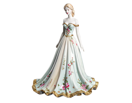 Elegant Porcelain Figurine of a Lady in Flowing Dress on Transparent Background