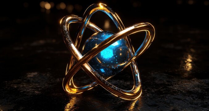 Futuristic glowing atom logo with vibrant neon colors