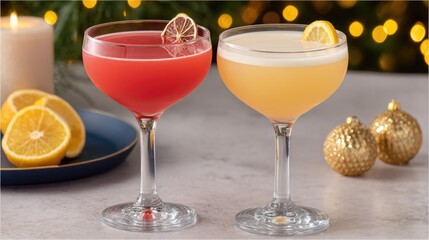 Elegant cocktails with citrus garnishes in festive setting for holiday celebrations and gatherings