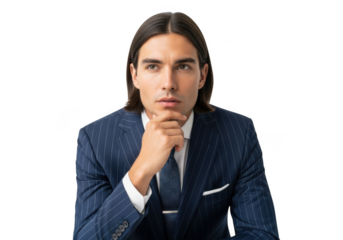 Pensive businessman in pinstripe suit portrait with hand on chin isolated on transparent background for design projects and compositing isolated on transparent background