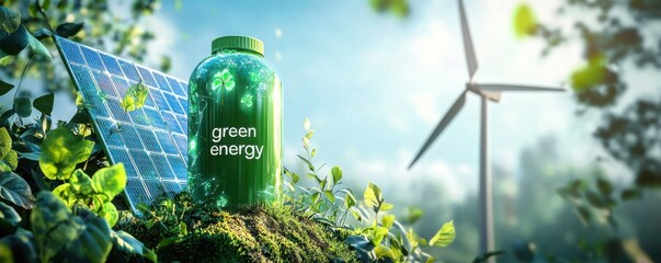 Green energy concept with solar panel and wind turbine